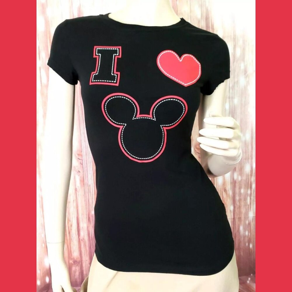 Womens I Love Mickey Mouse Disney Black and Red Short Sleeved T Shirt Tee S 3-5
